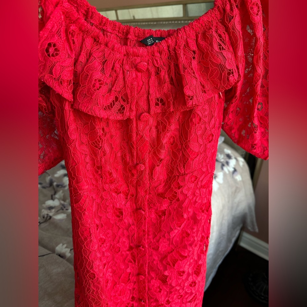 Zara Red Lace Midi Dress Button Down Size M Off-shoulder A Line Dress - Picture 5 of 15